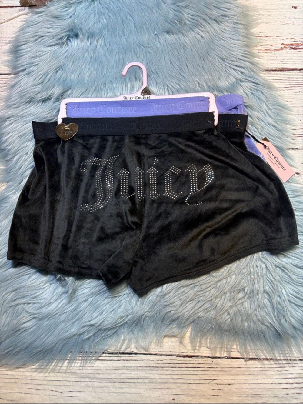 NWT Juicy Couture Black Velour Rhinestone Lavender Logo Lounge Sleep Shorts